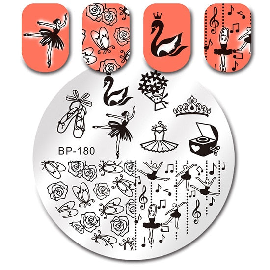 BORN PRETTY Round Nail Stamping Plate Geometry Catcher Feather Ballet Swan Dream Flower Manicure Nail Art Image Template