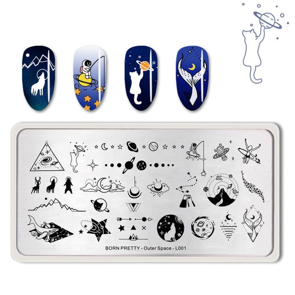 BORN PRETTY Space Series Nail Stamping Plates Moon Star Rectangle Nail Art Template Manicure Stencil Tools Outer