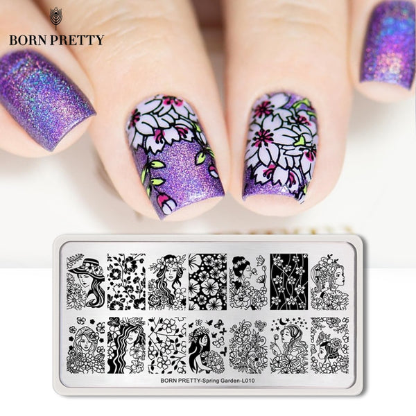 BORN PRETTY Spring Garden Series Stamping Plates Flowers Rectangle Stainless Steel Nail Stamp Image Template Nail Art DIY Design