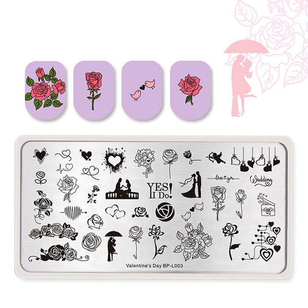 BORN PRETTY Valentine's Day Nail Stamping Plate Rose Flower Love Rectangle Template Nail Art Image Plate