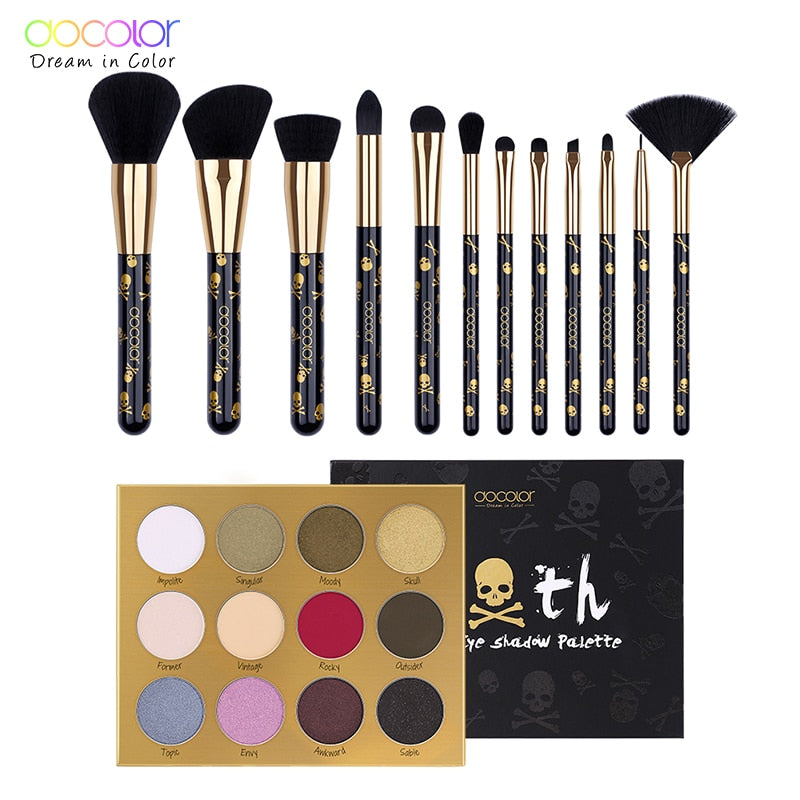Docolor 12pcs Makeup Brushes with 12 Color Eyeshadow Palette Goth Make up set Beauty Essential Eye Shadow with Make up brushes