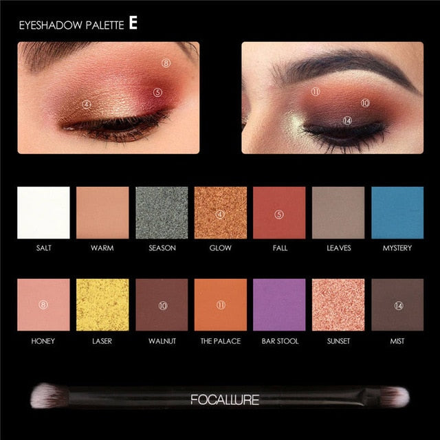 FOCALLURE 14 Colors Eye Shadow Palette Matte Glitter High Pigment Hot in ins Palette Eyeshadow with Brush Eyes Makeup Eyeshadow