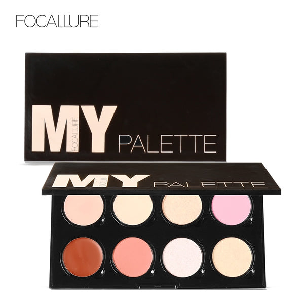FOCALLURE Big 8 Colors DIY Design Face Bronzer Pressed Blush Paltter with Highlither Face Powder Brighten Cosmetics
