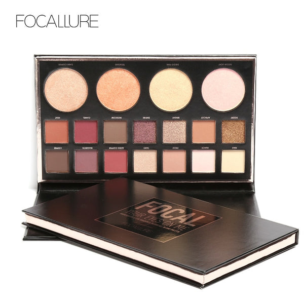 FOCALLURE New Highly Pigmented Glitter Eye Shadow Flash Shimmer Eyeshadow with Bush Highlighter Palette Face Makeup Tools