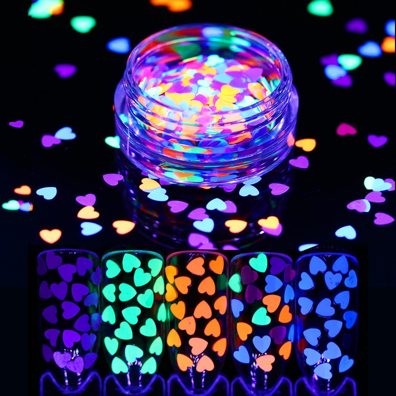 Fluorescent Heart Nail Sequins Glitter 4mm Ultra-thin Colorful Shape Flakies 1g Luminous Nail Paillette Glow in the Dark