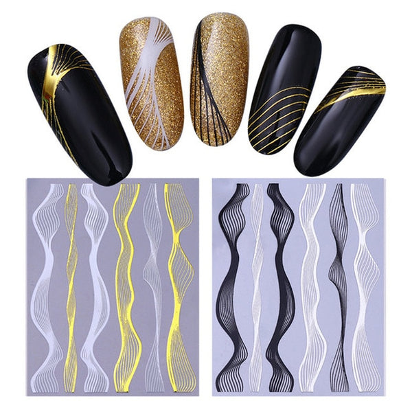 Gold Metal Wave Strip 3D Nail Sticker Black Silver Multi-size Lines Adhesive Transfer Sticker Manicure Nail Art Decorations