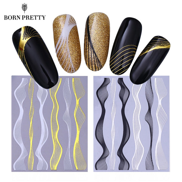 Gold Metal Wave Strip 3D Nail Sticker Black Silver Multi-size Lines Adhesive Transfer Sticker Manicure Nail Art Decorations