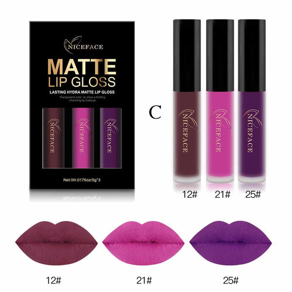 Hot Lip Gloss 3PCS New Fashion Waterproof  Metallic Matte Moisturizing Liquid Lipstick Cosmetic Sexy Lip Gloss Kit New