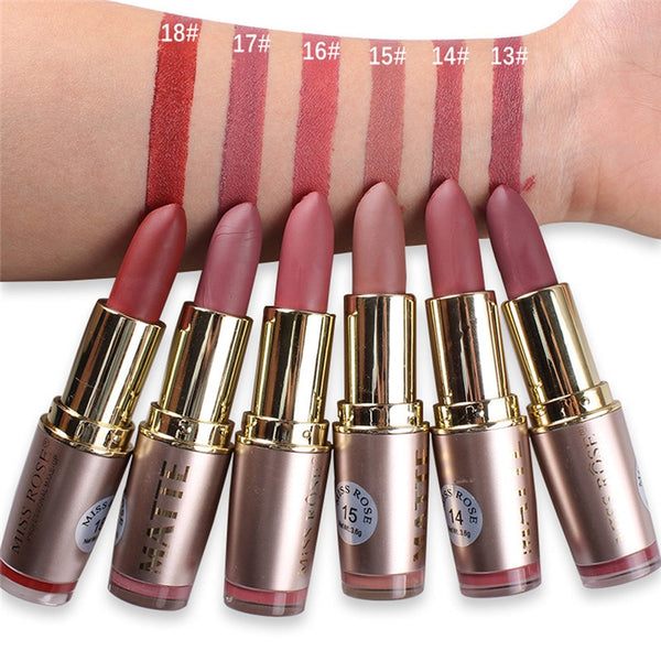 MISS ROSE Lipstick Matte Waterproof Velvet Lip Stick 6 Color Sexy Red Brown Pigments Makeup Matte Lipsticks Beauty Lips