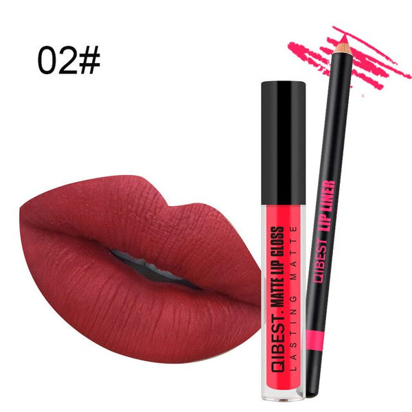 New Pro Fashion Lip Gloss Beauty Waterproof Matte Liquid Lipstick Long Lasting Lip Gloss Lipstick With Lip Liner Pen Set