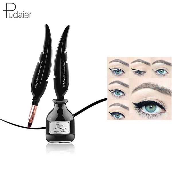 Pudaier 1PC Black Eyeliner Ceam Gel Waterproof Makeup Cosmetic Long lasting Magical Black Eye liner Gel with Feathers Brushes