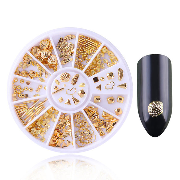 Rose Gold Rivet Nail Studs 3D Nail Art Decoration Gold Circle Star Round Square Mixed Accessories in Wheel for DIY