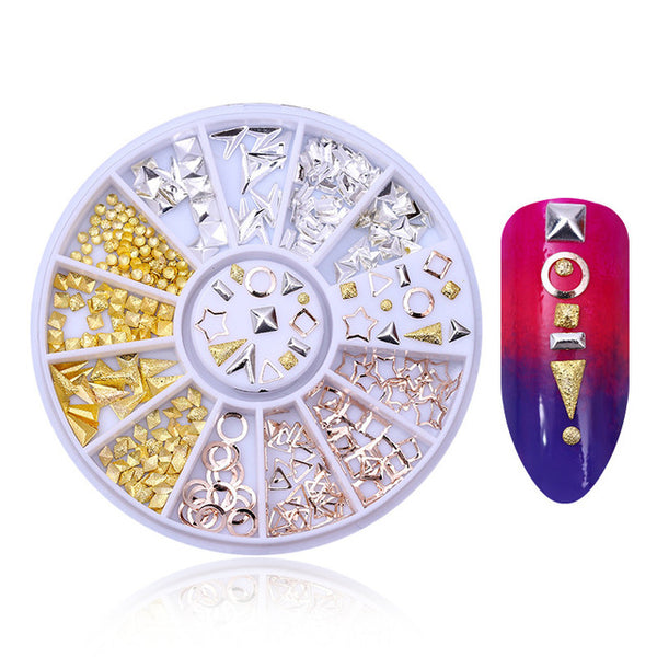Rose Gold Rivet Nail Studs 3D Nail Art Decoration Gold Circle Star Round Square Mixed Accessories in Wheel for DIY