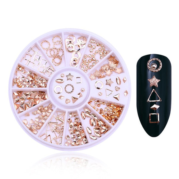 Rose Gold Rivet Nail Studs 3D Nail Art Decoration Gold Circle Star Round Square Mixed Accessories in Wheel for DIY