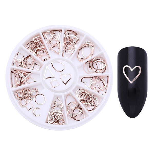 Rose Gold Rivet Nail Studs 3D Nail Art Decoration Gold Circle Star Round Square Mixed Accessories in Wheel for DIY
