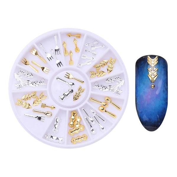 Rose Gold Rivet Nail Studs 3D Nail Art Decoration Gold Circle Star Round Square Mixed Accessories in Wheel for DIY