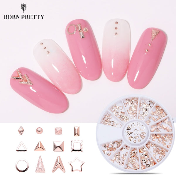 Rose Gold Rivet Nail Studs 3D Nail Art Decoration Gold Circle Star Round Square Mixed Accessories in Wheel for DIY