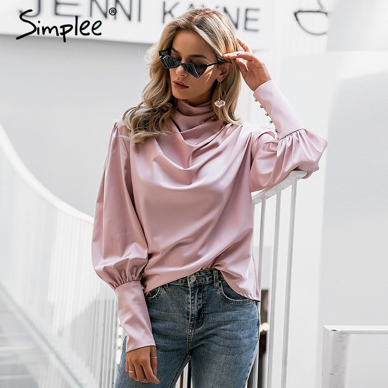 Vintage pink satin women blouse Turtle neck