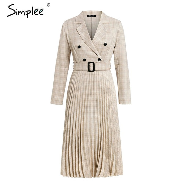 Vintage pleated belt plaid dress women