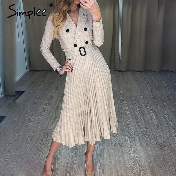 Vintage pleated belt plaid dress women